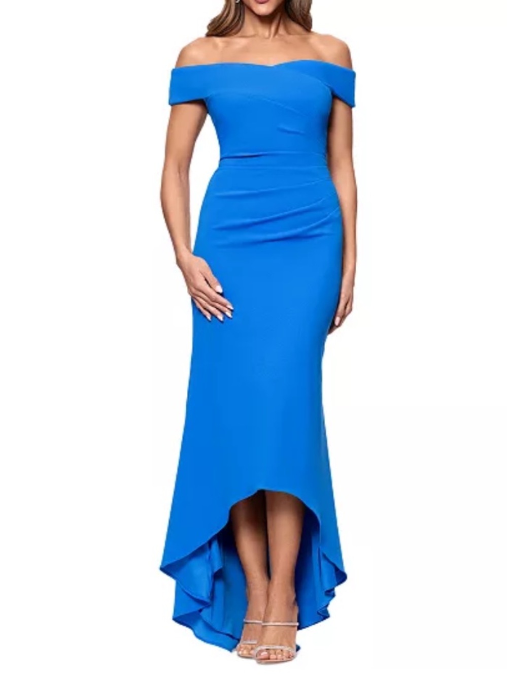 Xscape Women’s Blue Off Shoulder High Low Evening Gown Dress Size 14 NWT